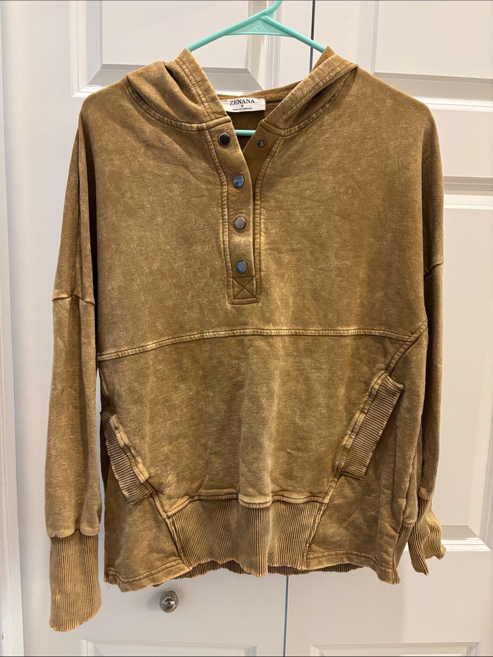 Zenana Outfitters Washed Brown Henley Hoodie Sweater